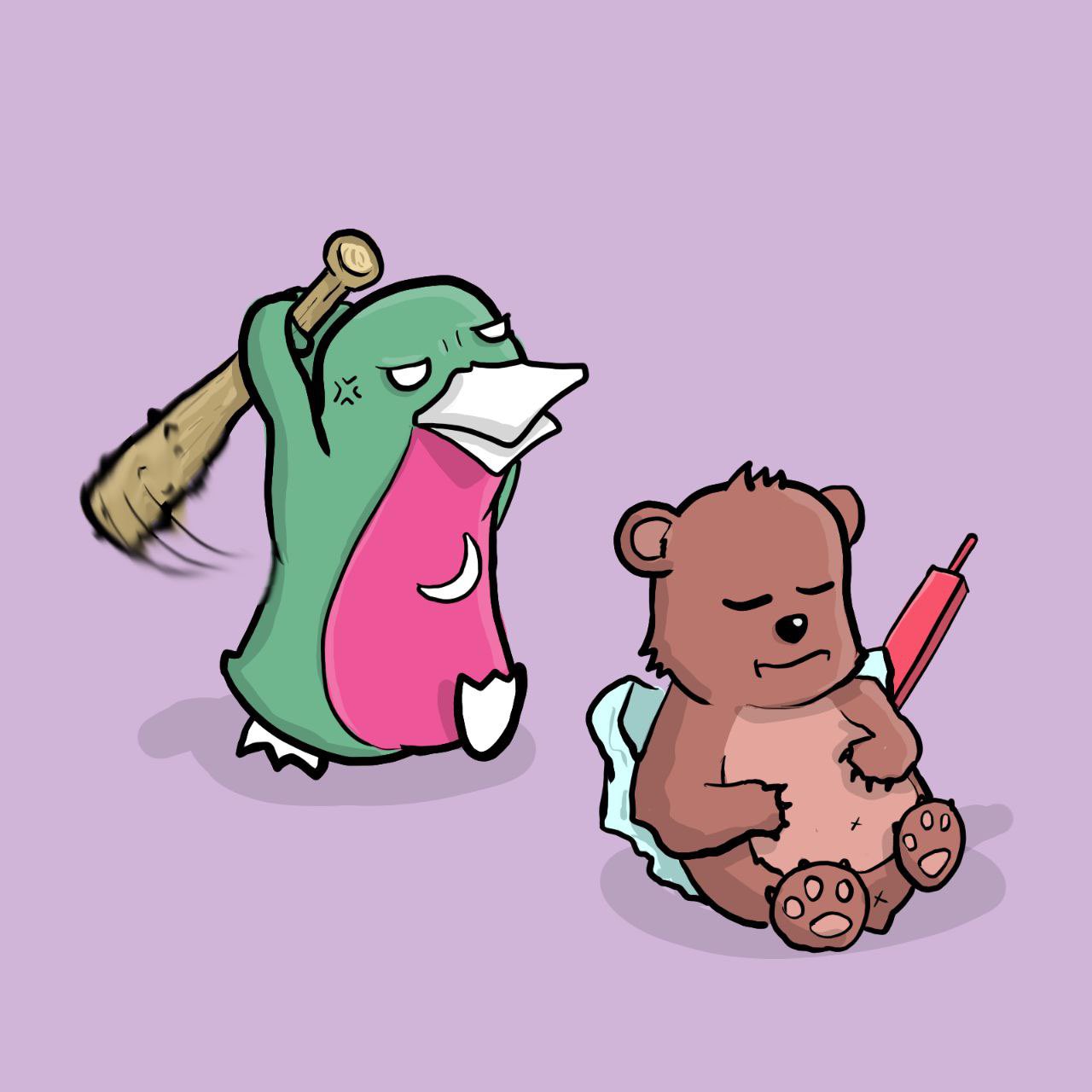 Creature batting a teddy bear
