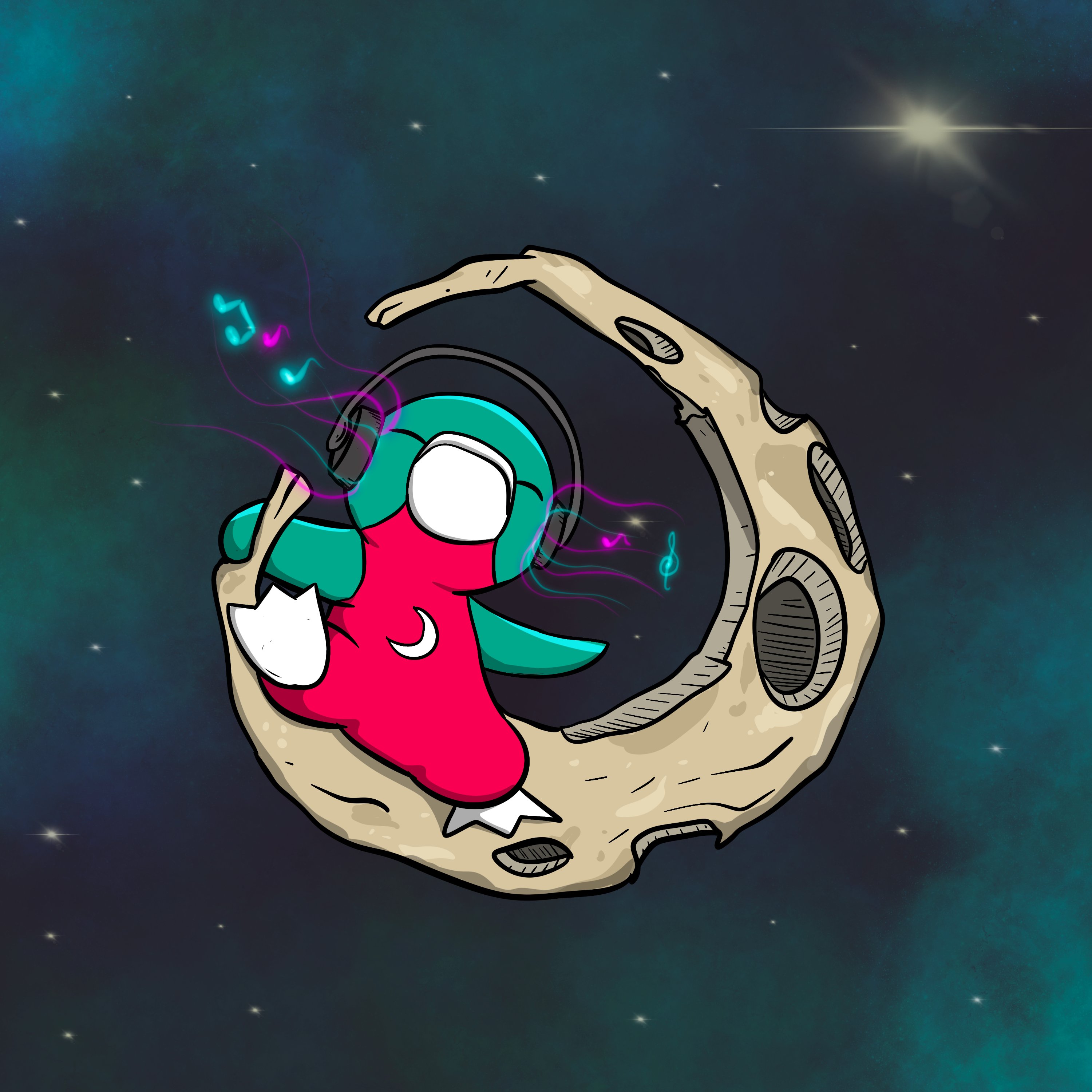 Creature listening to music on the moon