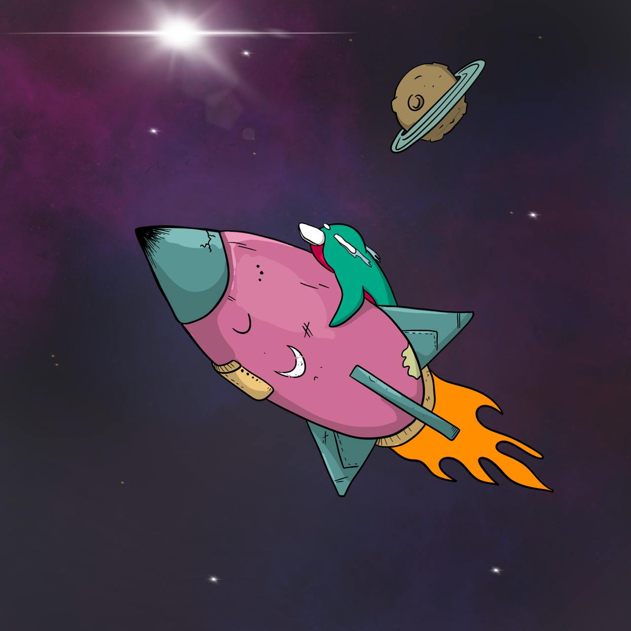 Creature riding a rocket in space