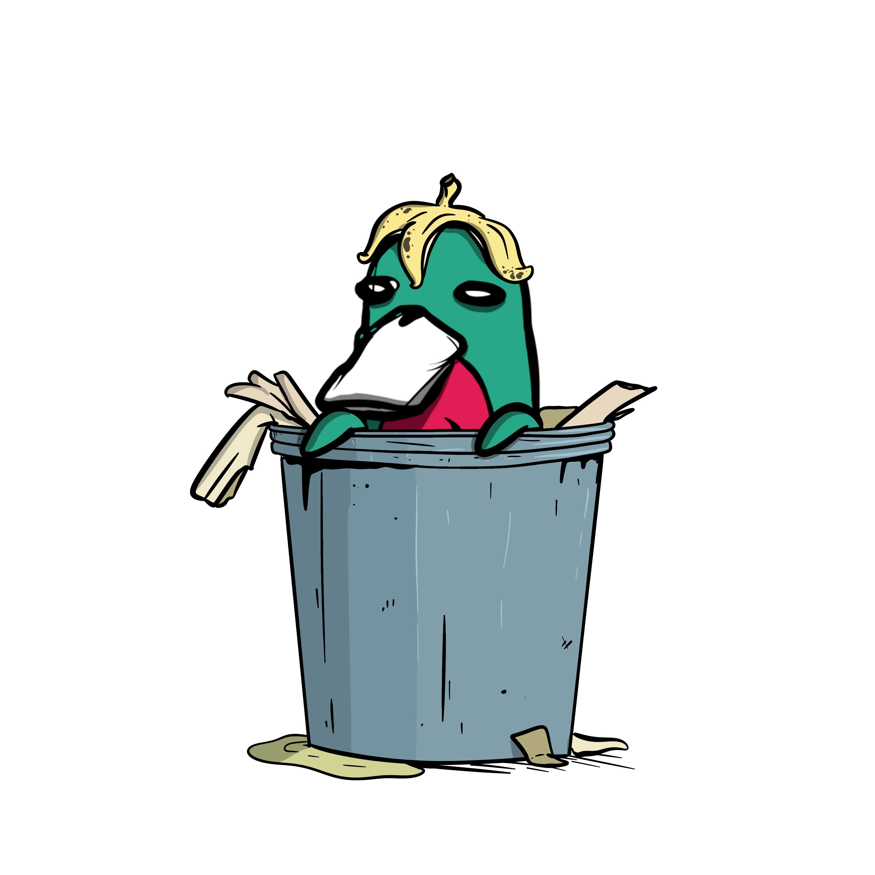 Creature in a trash can with a banana peel